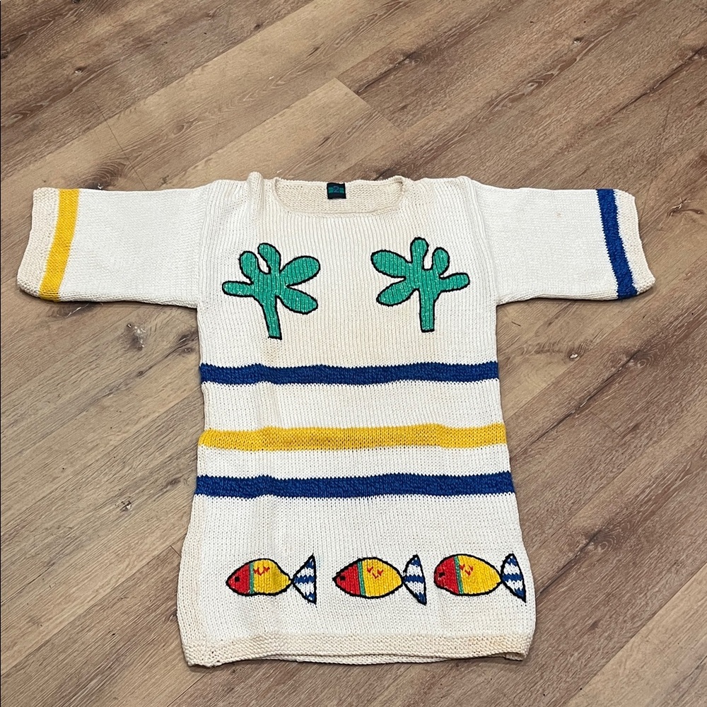 Colorful Knit Dress with Fish and Palm Tree Design